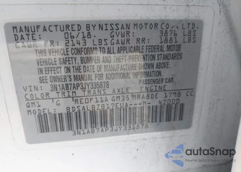 2018 Nissan Sentra S z USA, uszkodzony, nr VIN 3N1AB7AP3JY335878